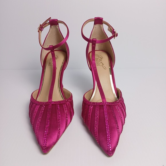 Jewel Badgley Mischka Mayra Fuchsia Pink Satin Crystal T-Strap Pumps Womens 6 - Picture 5 of 12